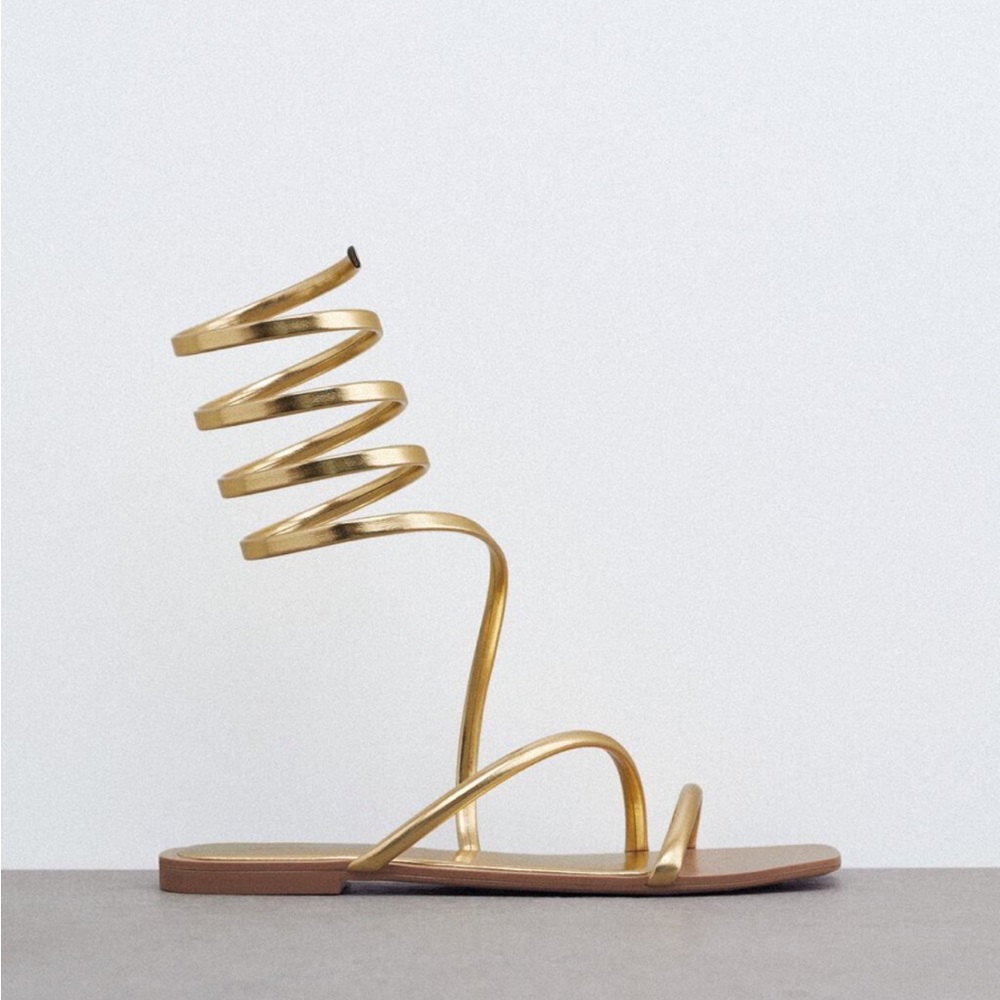Zara Spiral Flat Gold Sandals NWOT
